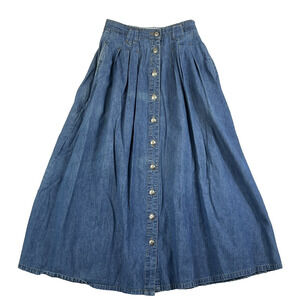 Vintage Onyx Blue Denim Pleated Button Front Skirt Women's Size 6
